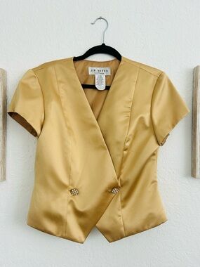 J.R. Nites Gold Satin Wrap Blouse Jeweled Button Evening Top Size 10
